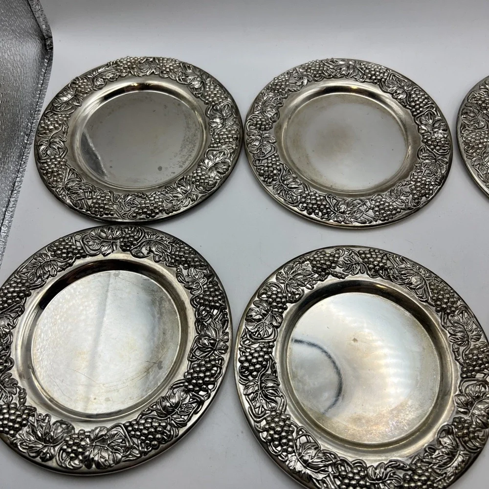 Set of 6 Vintage Godinger Silver Plate Grapevine Wine Coasters 5